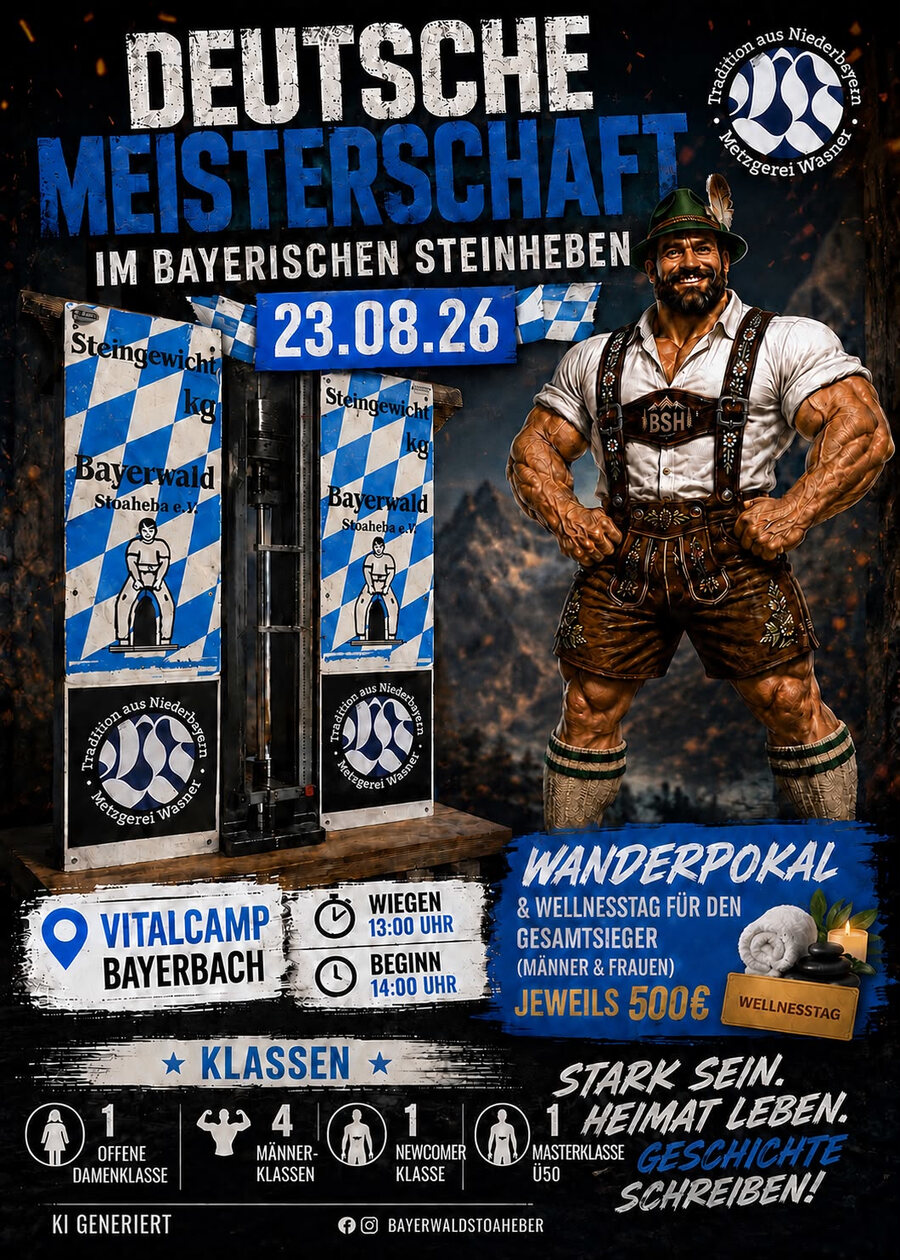 Plakat zur Deutschen Meisterschaft im Bayerischen Steinheben am 23.08.2026
